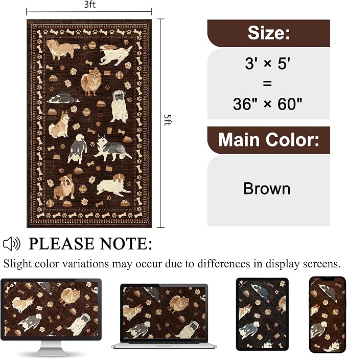 DUKINO 3x5 Rug, Washable Dog Bedroom Area Rug Soft Non Slip, Brown | Low Pile, Non-Shedding, Stain Resistant Animal Carpet for Bathroom Dorm Office Dining Living Room Kitchen, Kid & Pet Friendly