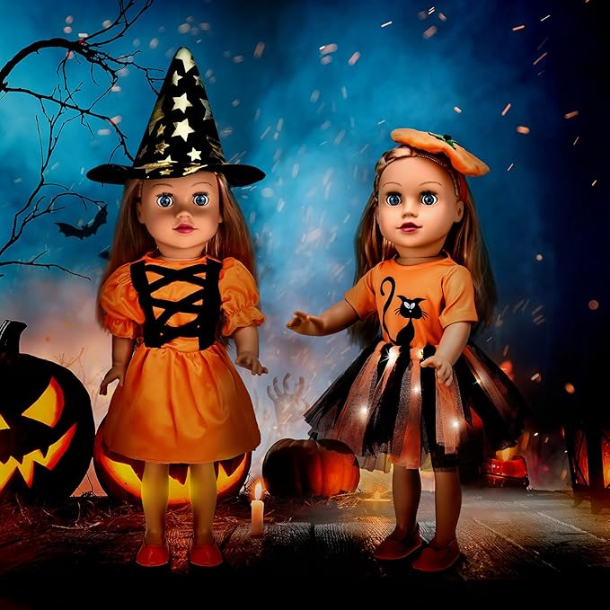 2 Sets Halloween Doll Clothes 18 Inches Girl Doll Halloween Dresses Outfits Shoes Set with Cat and Witch Pattern Costume Tutu Dress Accessories Fits for Most 18 Inches Girl Dolls