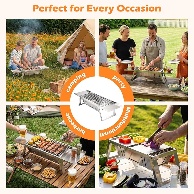 Small Portable Folding Charcoal BBQ Grill for Camping Picnic Garden Terrace | Mini tabletop barbecue with 4-level heat control, easy to operate, practical outdoor gear for backyard and outdoor gatherings