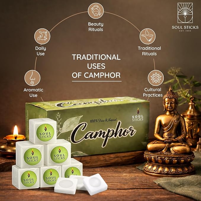 SOUL STICKS Natural Camphor Blocks, Pure Camphor Tablets for Aromatherapy & Puja - Alcanfor en Bloques, Alcanfor en Bolitas, Kapoor for Pooja (56 Grams (12 Tablets))