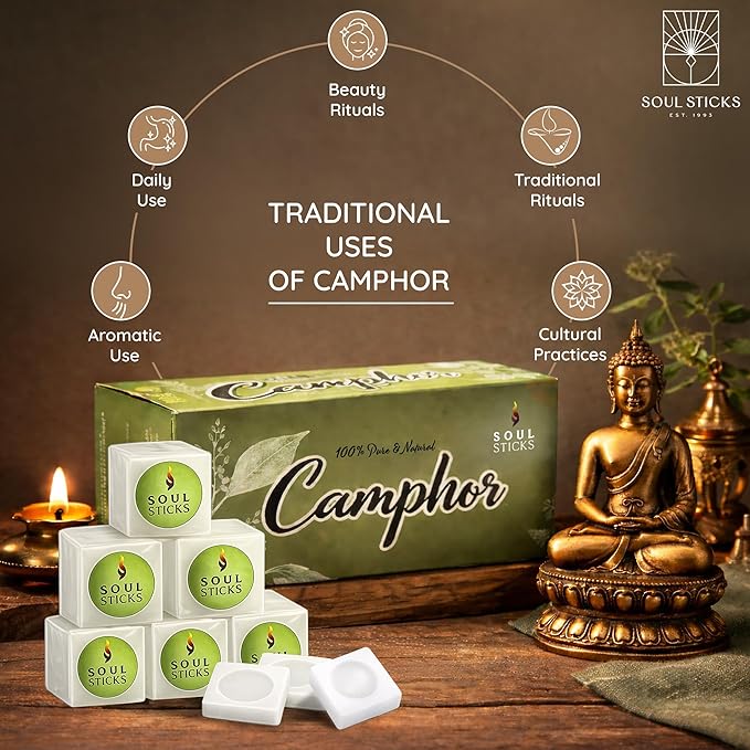 SOUL STICKS Natural Camphor Blocks,Pure Camphor Tablets for Aromatherapy & Puja - Alcanfor en Bloques, Alcanfor en Bolitas, Kapoor for Pooja (150 Grams (32 Tablets))