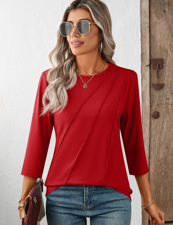 LOMON 3/4 Length Sleeve Womens Tops Spring Summer Fashion 2026 Tops Crew Neck Pleated Shirts Tunic Top Loose Fit