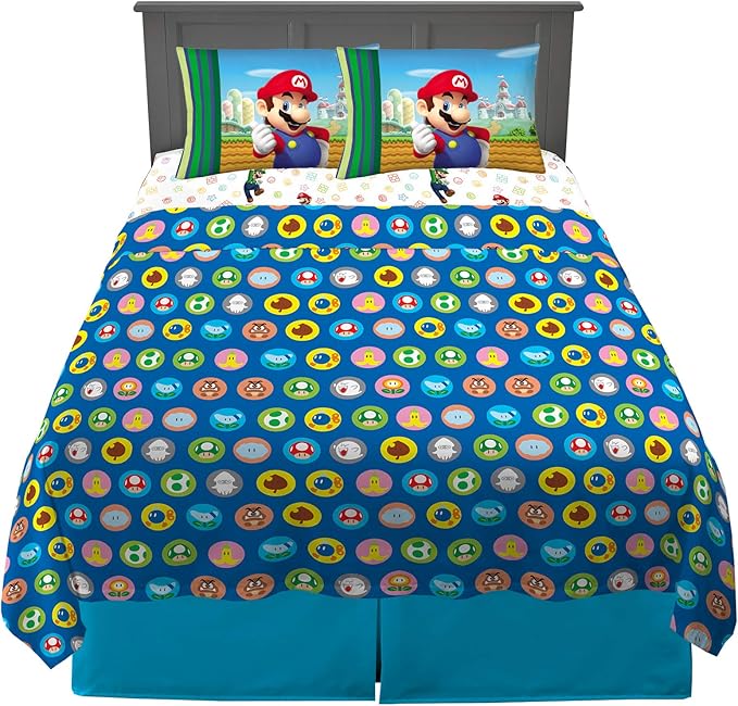 Super Mario Kids Bedding Soft Cozy Microfiber 4 Piece Full Size Sheet Set, (Officially Licensed Product) By Franco