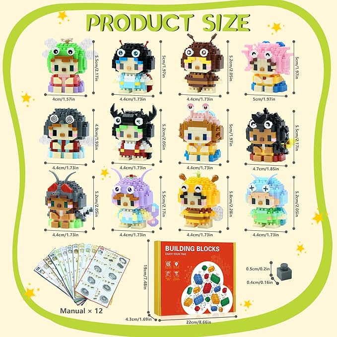 12 Pack Mini Building Blocks, Building Toys Set or Kids, Toy Building Sets, Mini Building Block Sets for Boys or Girls 6+ (Insects)