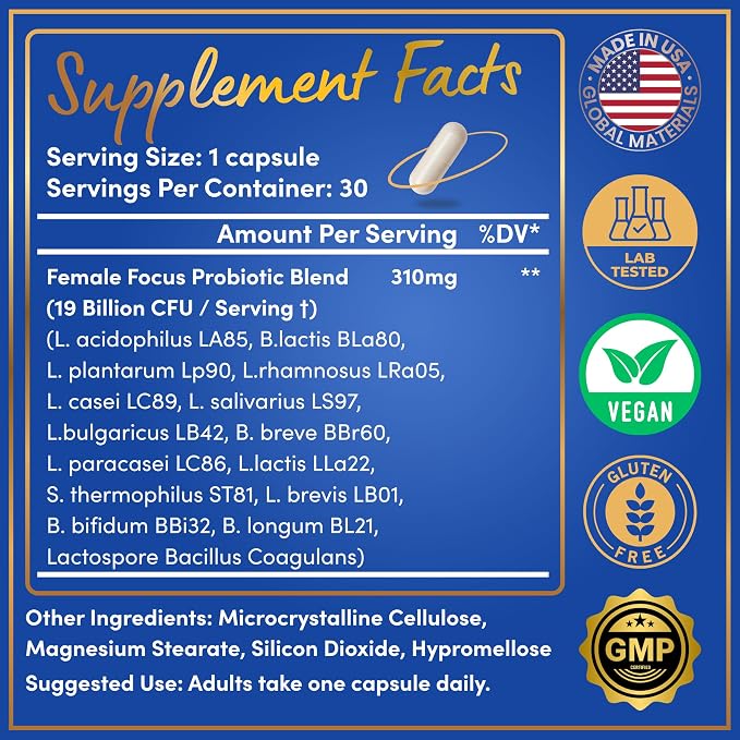 Vaginal Probiotics for Women - 19Bil CFU,15-Strain Lactobacillus Probiotic for PH Balance, Urinary Tract Support, Odor & Yeast Health - Balance Complex for Women BV Support Supplements - 30 Vegan Caps