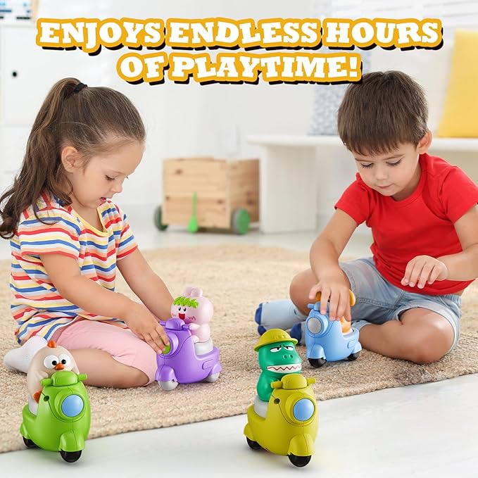 Press and Go 4-Pack Animal Car Toys for Toddlers 1-3, Dinosaur Toys Push Cars for 1 Year Old Boys Girls - Baby Toys 12-18 Months, Safe Push & Go Vehicles for 1st Birthday Gifts & Christmas.