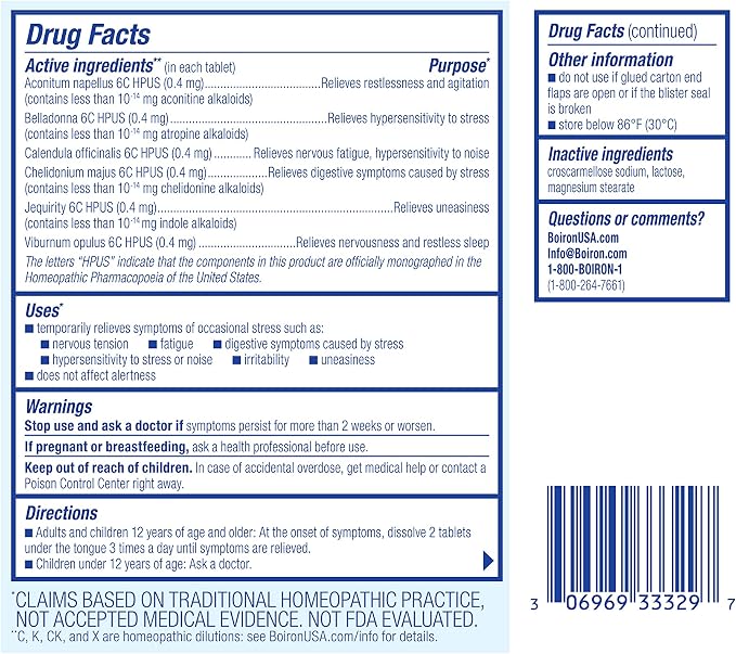 Boiron StressCalm Tablets for Relief of Stress, Anxiousness, Nervousness, Irritability, and Fatigue - 120 Count
