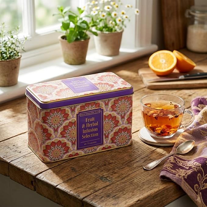 New English Teas Fruit & Herbal Tea Selection Gift Set – 40 Individually Wrapped Caffeine-Free Tea Bags in Decorative Floral Tin – Variety Pack including Peppermint, Berry, & Camomile