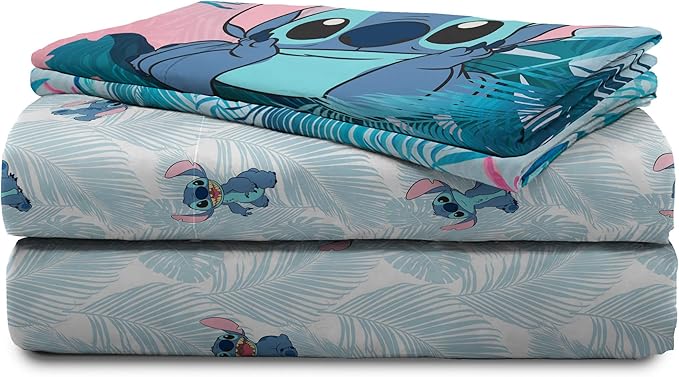 Jay Franco Kids Sheet Set with Fitted, Flat Sheets & Pillow Cover - Ultra-Soft Bedding with Pillowcase for Room Decor, Teal - Lilo & Stitch, 4 Piece Full