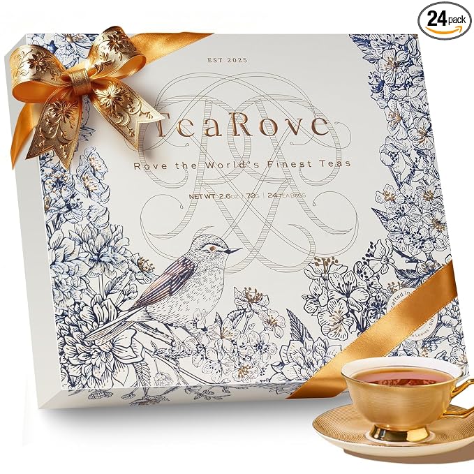 TeaRove Premium Tea Sampler Gift Set with Gold-Foil Presentation Box, 24 Assorted Variety Pyramid Infuser Bags, 6 Flavors Handcrafted Black, Oolong, Jasmine Green, Herbal Tea Sampler Gift for Tea Lover
