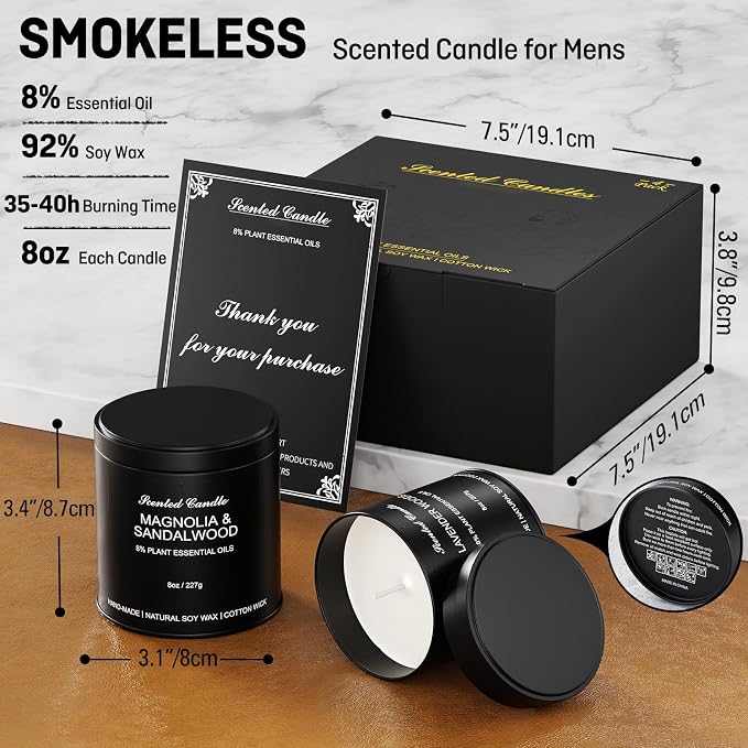 Scented Candles for Men Gift Set – 4 Pack Soy Candles, Amber Patchouli, Cedar Oakmoss, Lavender Woods & Magnolia Sandalwood – Masculine Candle Gift for Men, Dad, Him, Home Décor