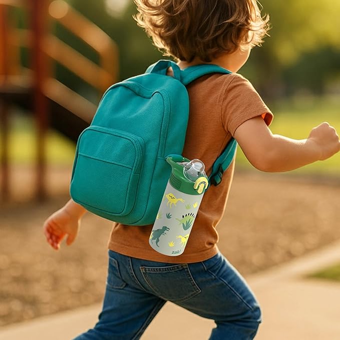 Zak Designs Sage Kids Water Bottle For School, Travel or At Home, 14oz Stainless Steel Water Bottle With Straw, Handle, and Leak-Proof, Pop-Up Spout Cover (Dino)