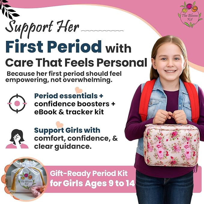 First Period Kit for Girls 9-12 | Puberty Kit for Tween Girls | Period Starter Kit with Pads, Wipes, Heating Pad, E-Book & More | First Period Gift Set for Daughter | 48 Pcs