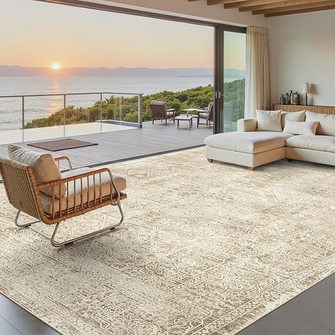 Soalmost Washable Area Rug 8x10 Large Soft Living Room Rugs Light Brown | Farmhouse Vintage Carpet Non-Slip for Dining Bedroom, Stain Resistant Low Pile Foldable Thin Floor Mat Under Table Home Decor