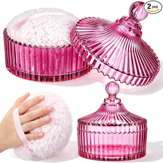 Tioncy 2 Pcs Extra Large Dusting Powder Puff and Container for Women-6'' Glass Crystal Dusting Powder Container with Body Soft Washable Reusable Velour Face(Rose Red,Classic)