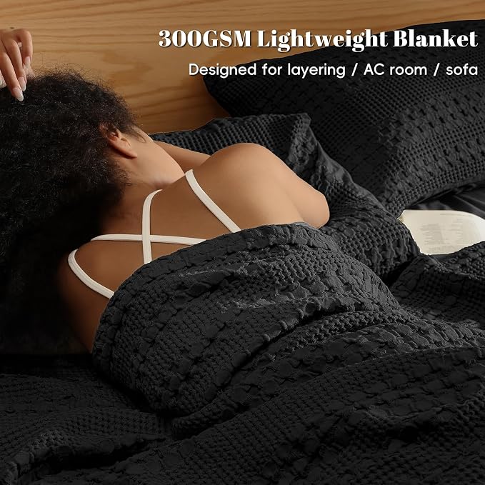 PHF 100% Cotton Waffle Weave Blanket Queen Size, Lightweight Breathable Summer Blanket for Hot Sleepers, Pre-Washed Soft Layer for Bed, Couch, Aesthetic Home Decor & Gift, 90"x90", Black