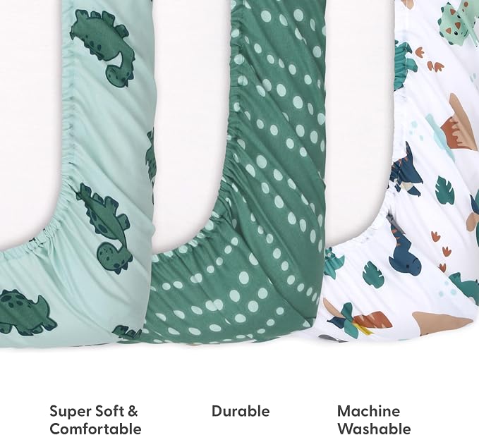 The Peanutshell 3-Pack Fitted Playard Sheets - Soft & Breathable Baby Boy Mini Crib Sheets, Pack N Play Mattress, Fits Standard Playard Pack Play Mattresses - Green Dino