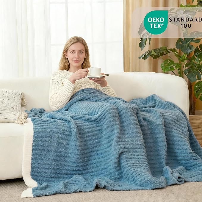 Soft Twin Blanket for Bed-Cozy Warm Reversible Knitted Blankets | Lightweight Fluffy Decor for Women, Mom, Her & Girls, Sofa, Chair, Couch, 60x80in, Blue
