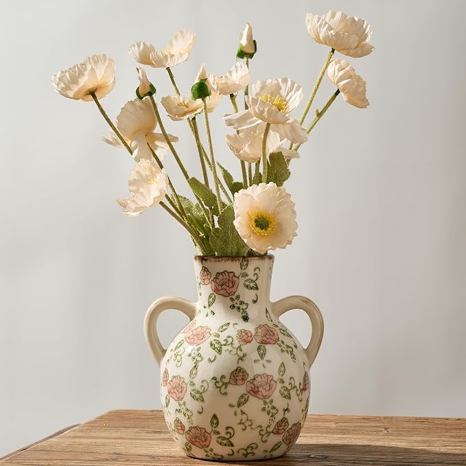 SIDUCAL Ceramic Vintage Pastoral Vase with Handles, 7 Inch Chinoiserie Floral Vase, Retro Ice Cracked Rustic Farmhouse Vases for Home Decor, Living Room, Bookshelf, Office, Tuscan Decor, Red Rose