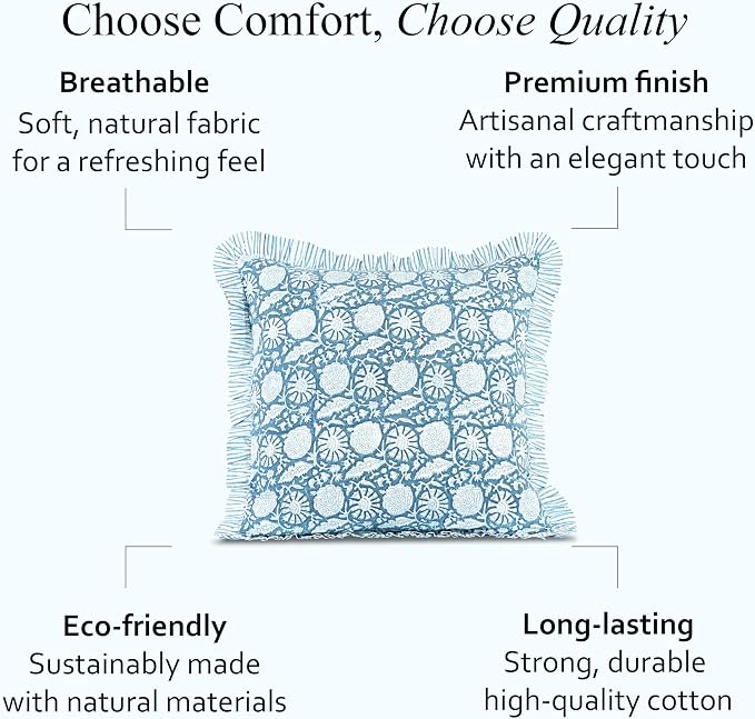 CPC Blue Meadow Hand Block Print 100% Cotton Ruffle Throw Pillow Cover 24x24 inch with Hidden Zipper Decorative for Couch, Bed, Sofa, Farmhouse, Cottagecore Decor Gift Christmas Fall Thanksgiving