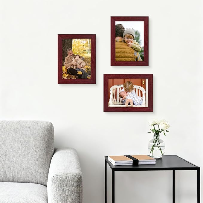 Picrit 5x7 Picture Frame Set of 12, Display 4x6 with Mat or 5x7 without Mat, Photo Frames for Wall Mounting or Table Top Display, Dark Red Wood
