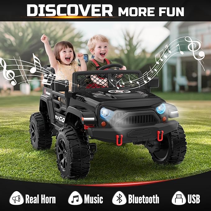 ARBELI 2 Seater Ride On Car for Kids, EVA Tires, 24V 4WD Electric Car w/Remote Control, Bluetooth, LED Lights, Ride On Truck for Boys and Girls Aged 3-8, Black