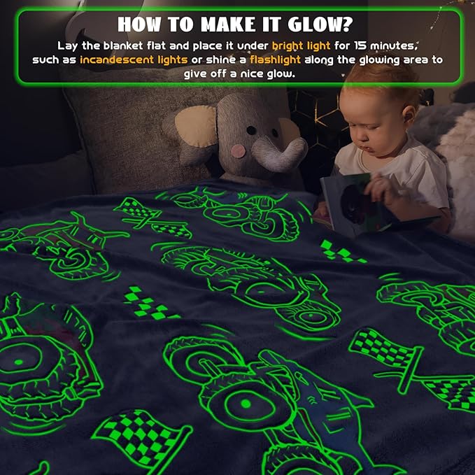 ORDM Glow in The Dark Blanket for Boys Truck Throw Blanket Car Toys Unique Gifts for Kids Glowing Cartoon Tractor Blankets Excavators Room Decor Blankets 60"×80"