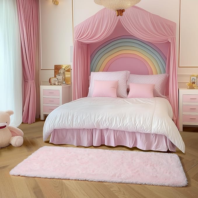 Amdrebio Pink Shag Plush Runner Area Rug 2x6 for Girls Bedroom Kids Room | Fluffy Fuzzy Furry Shaggy Carpet, Nursery Classroom Preppy Dorm Playroom Decor, Cute Princess Aesthetic, Baby Toddler Corner