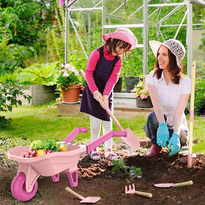 Qtioucp Kids Gardening Set with Wheelbarrow, Real Metal Garden Tools for Kids Ages 3-8, 4 Long Handle Tools, 3 Hand Tool, Gloves, 5 Stickers, Handbook, Outdoor Backyard Toys for Toddler Gift