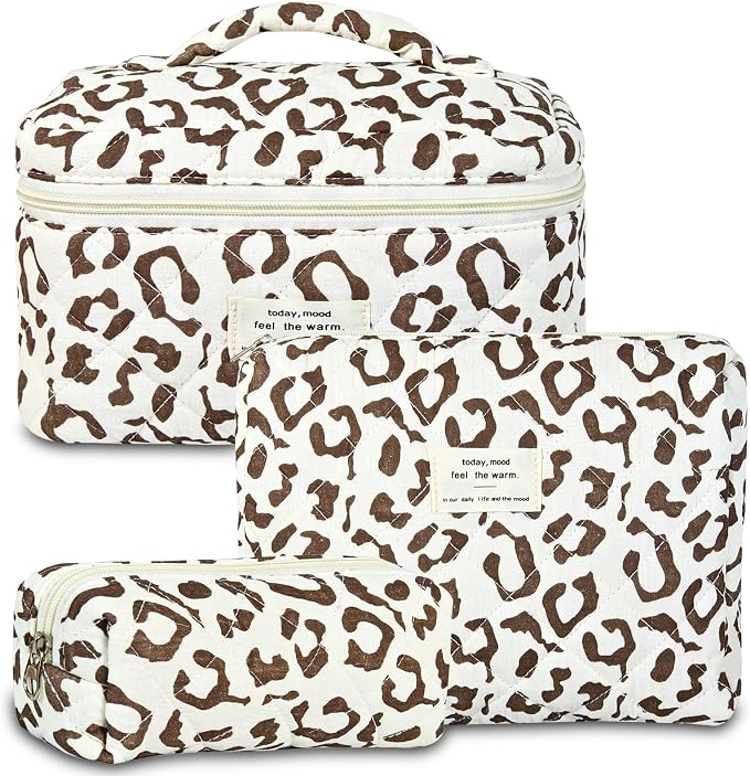 GISMTR 3Pcs Makeup Bag Cotton Quilted Travel Cosmetic Bag Cute Floral Makeup Pouch Large Toiletry Bag for Women Girls