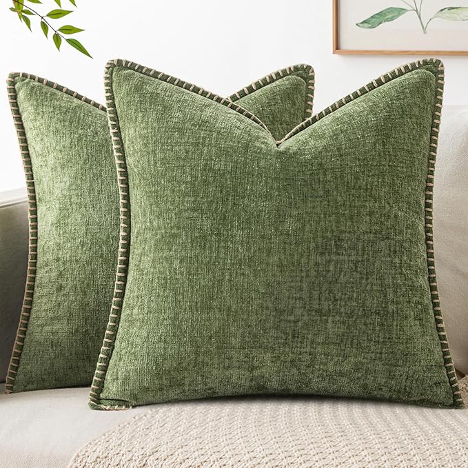 MIULEE Decorative Couch Throw Pillow Covers 18x18 Inch Sage Green 2 Pack | Farmhouse Pillow Covers with Stitched Edge, Soft Chenille Cushion Cases, for Sofa Bed Living Room Home Decor