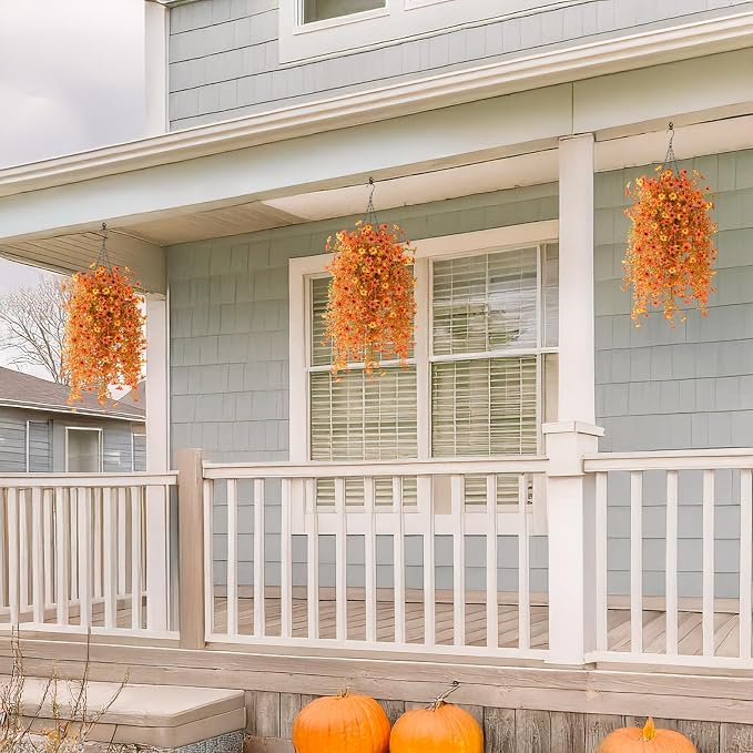 Artificial Fall Flowers for Decoration Fake Hanging Flowers Outdoors Decor | 2PCS Faux Mums Silk Flower UV Resistant No Fade for Autumn Outdoor Home Planter Porch Patio Yard Garden(Orange Golden)