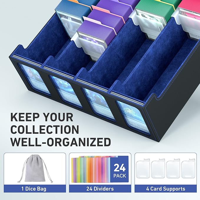 4-Row Trading Card Storage Box, Bulk Cards Case for 3200+ Mtg tcg Magic Playing Game Card Organizer, Commander Deck Box with 4 Supports & 24 Dividers & Strap