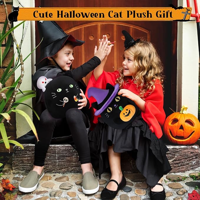 Halloween Candy Cat Stuffed Animal Toy, Black Cat Plush with Ghost and Candy for Home Decor, Halloween Party Gift for Kids（Candy Cat 10 Inch）