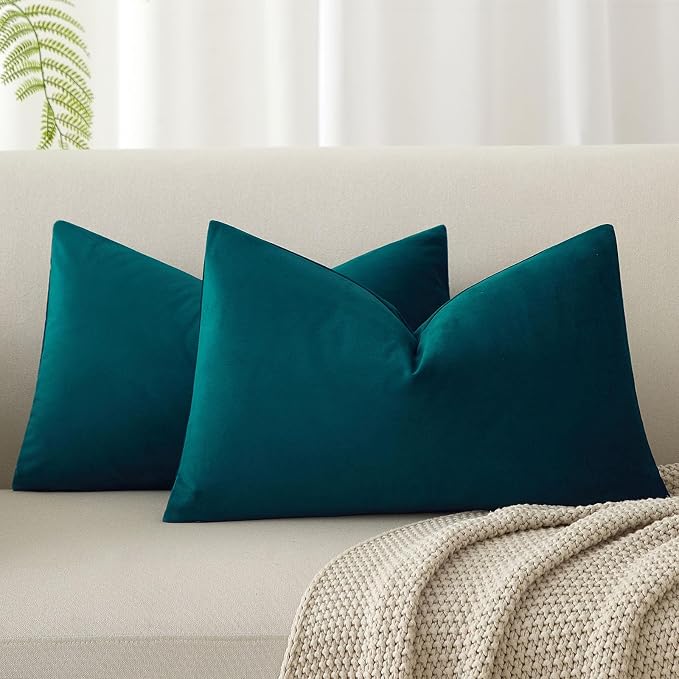 Peacock Blue 12x20 Decorative Lumbar Velvet Throw Pillow Covers Set of 2 | JUSPURBET Cozy Soft Couch Covers with Invisible Zipper for Modern Couch Sofa Bed Living Room Bedroom Home Decor