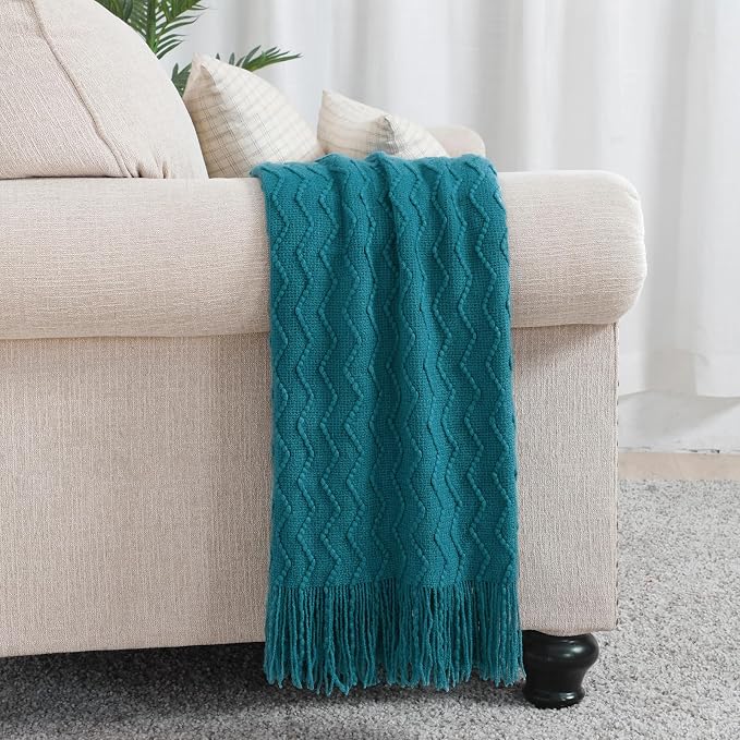 BOURINA Teal Throw Blanket 50x90 Inch Boho Knitted Soft Throw Sofa Blanket | Knitted Throw Blanket 50x90 Inches, Soft Lightweight Boho Weave Throw Decorative Couch Blanket for Living Room Bedroom Chair