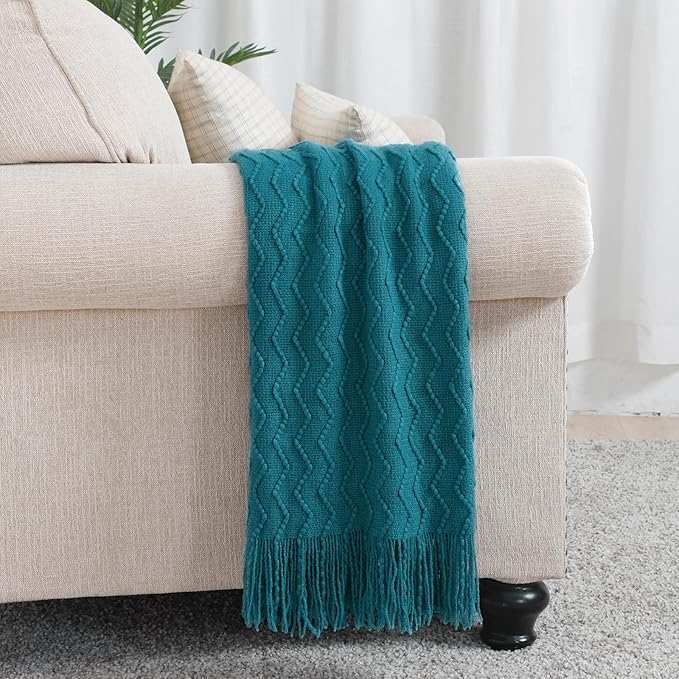 BOURINA Teal Throw Blanket 60x80 Inch Boho Knitted Soft Throw Sofa Blanket | Knitted Throw Blanket 60x80 Inches, Soft Lightweight Boho Weave Throw Decorative Couch Blanket for Living Room Bedroom Chair