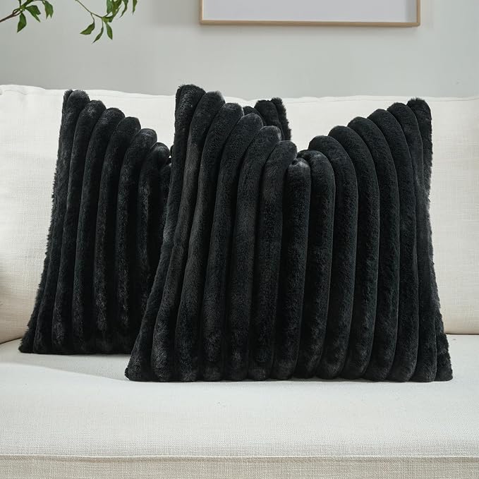 FUTEI Pack of 2 Faux Fur Throw Pillow Covers 28x28 Inch, Black | Fluffy Faux Rabbit Fur Front/Premium Velvet Back,Hidden Zipper,Machine Washable,Non-Shedding,Colorfast,Insert Not Included.