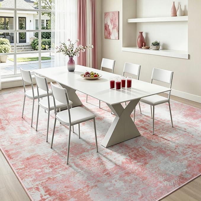 Rugflix 5x7 Area Rugs for Living Room, Washable Pink White Large Rug | Machine Washable; Stain-Resistant; Low Pile; Non-Slip; Modern Abstract; Carpet for Bedroom Dining Office Nursery Home