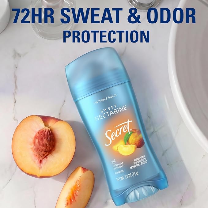 Secret Fresh Antiperspirant Deodorant for Women, 72hr Breathable Sweat & Odor Protection, Instant Freshness & Gentle, PH Balancing Minerals, Invisible Solid, Sweet Nectarine Scent, 2.6 oz