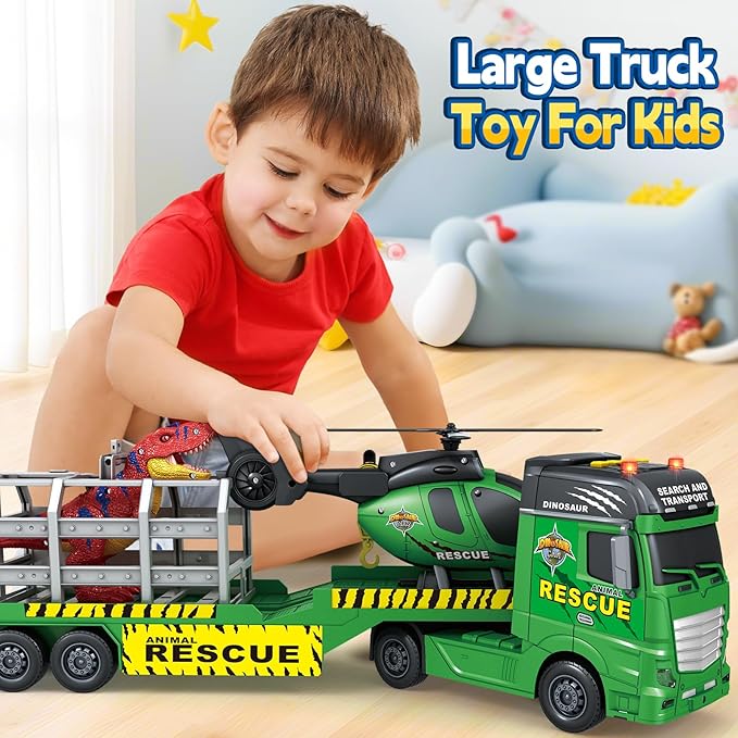 SpringFlower Toddler Truck Boy Toys, Large Dino Truck Toy with Helicoper and Dinosaur, 3 in 1 Boy Toy for 3 4 5 6 7 Year Old, Christmas Birthday Gifts for Kids 3 4 5 6 Years Old