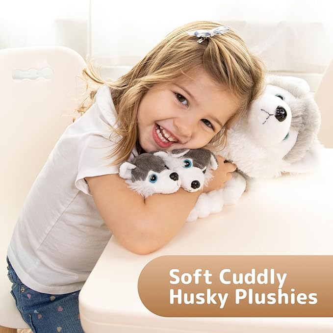 Plush Husky Dog with Zippered Pouch - Plushlings Collection - Soft Stuffed Animal Playset for Baby Boy, Girl, and Toddlers