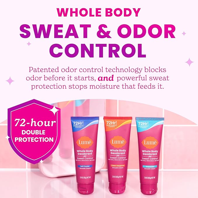 Lume Whole Body Deodorant Plus Sweat Control - Smooth Cream Tube - 72 Hour Odor And Sweat Control - Baking Soda Free, Skin Loving - 3.0 ounce (Pack of 2) (Soft Powder & Lavender Sage)
