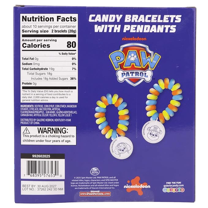Paw Patrol Candy Bracelets, Edible Jewelry with Character Charms, Individually Wrapped Party Favors, 20 Pieces Inside