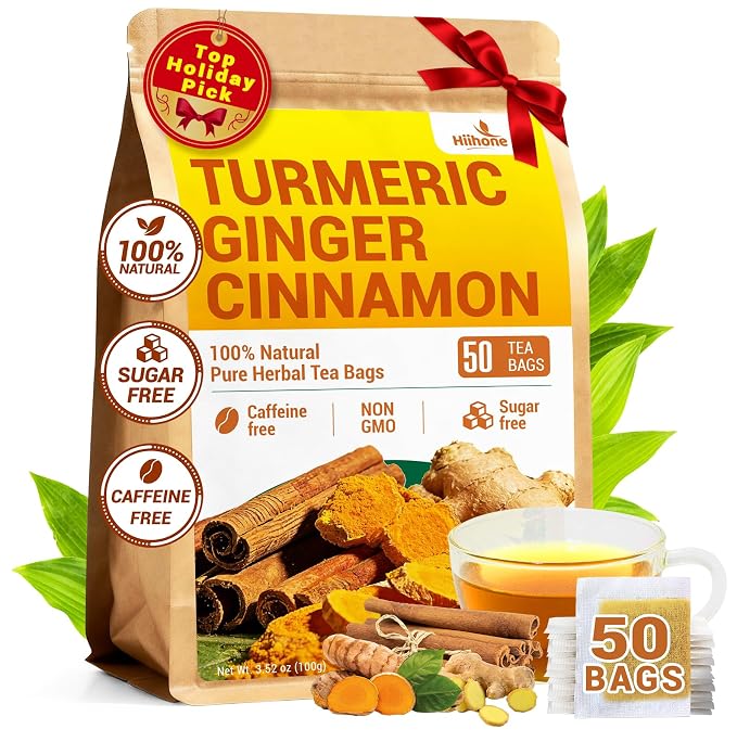 Turmeric Ginger Cinnamon Tea Bags, Turmeric Ginger Herbal Tea, No Sugar, No Caffeine, 50 Teabags
