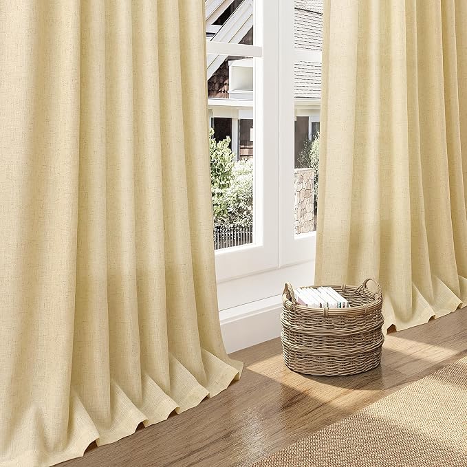 Nanspring Cream Yellow Curtains 96 Inch Length 2 Panels Set for Living Room Linen Light Filtering Modern Farmhouse Curtain Back Tab and Rod Pocket Privacy Sheer Drapes for Bedroom Office 52x96