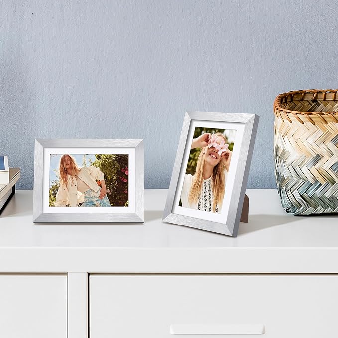 upsimples 5x7 Picture Frame, Display Pictures 4x6 with Mat or 5 x 7 Without, Wall Hanging Photo Frames, Silver, 1 Pack