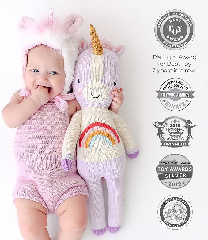 cuddle + kind Zoe The Unicorn Little 13" Hand-Knit Doll – 1 Doll = 10 Meals, Fair Trade, Heirloom Quality, Handcrafted in Peru, 100% Cotton Yarn