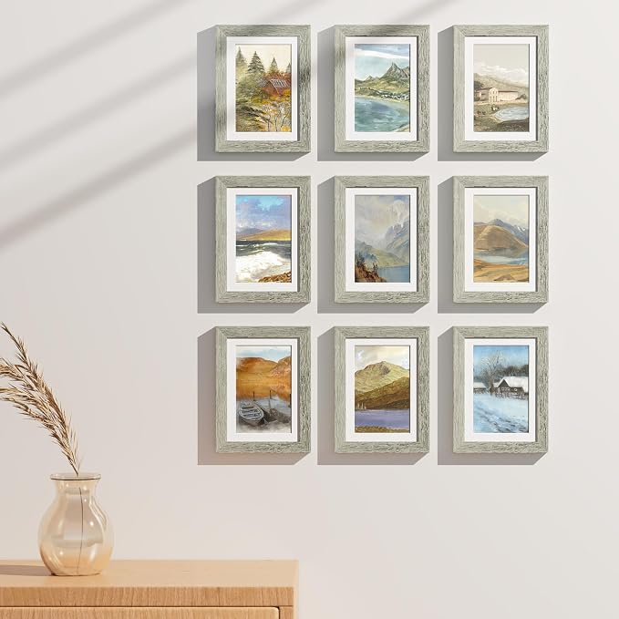 Vittanly 5x7 Picture Frames Set of 9 for Wall or Tabletop Display, Grey | Display Pictures 4x6 with Mat or 5x7 without Mat, Small Photo Frames, Engineered Wood with Shatter Resistant Plexiglass