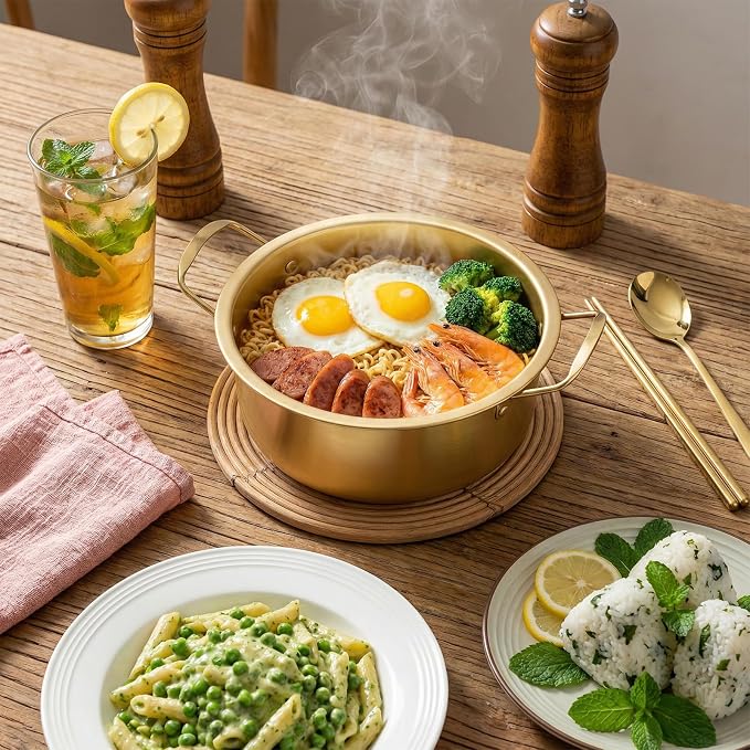 2 Pack Korean Ramen Pot With Lid, Korean Ramen Noodle Pot with Handles, Koreans Noodle Cooker with tableware, Koreans Pots Stainless Steel Cooking Pots, Golden KoreanCookingPot(7", 8")